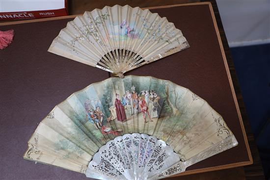 A 19th century French mother-of-pearl and painted parchment fan and three mother-of pearl guarded fans largest 28cm